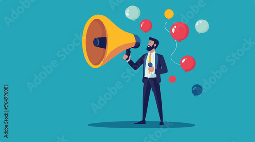 PR manager vector, public relations illustration, communication graphic, media announcement, sales promotion, businessman megaphone, speech bubble, flat style PR, corporate communication, media 