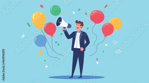 PR manager vector, public relations illustration, communication graphic, media announcement, sales promotion, businessman megaphone, speech bubble, flat style PR, corporate communication, media 