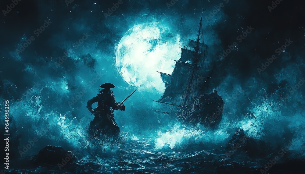 Ghostly pirate duel, fighting for cursed treasure, moonlit battlefield, Watercolor style Ghostly pirate duel, fighting for cursed treasure, moonlit battlefield, Watercolor style