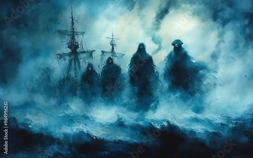 Ghostly pirate crew, emerging from the fog, haunted night, Watercolor style