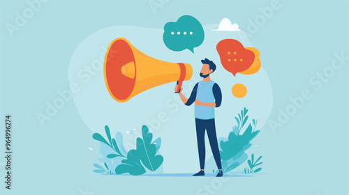 PR manager vector, public relations illustration, communication graphic, media announcement, sales promotion, businessman megaphone, speech bubble, flat style PR, corporate communication, media 