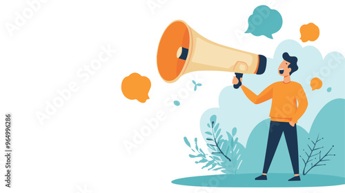 PR manager vector, public relations illustration, communication graphic, media announcement, sales promotion, businessman megaphone, speech bubble, flat style PR, corporate communication, media 