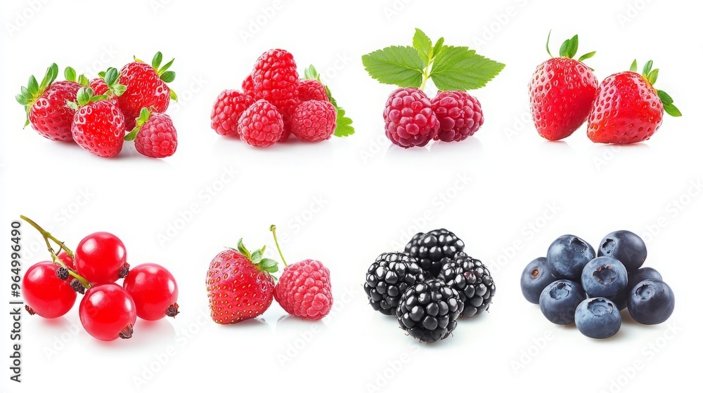 Wild Berries Mix: Strawberry, Raspberry, Currant, Blueberry, Cranberry, and Blackberry Isolated on White Background, Featuring Full Depth of Field and Clipping Path Wild Berries Mix: Strawberry, Raspberry, Currant, Blueberry, Cranberry, and Blackberry Isolated on White Background, Featuring Full Depth of Field and Clipping Path