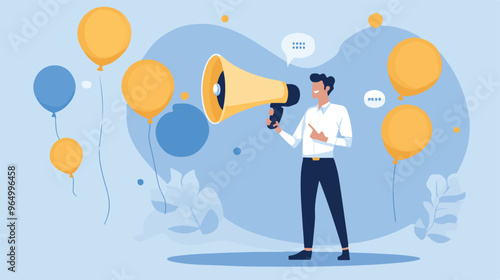 PR manager vector, public relations illustration, communication graphic, media announcement, sales promotion, businessman megaphone, speech bubble, flat style PR, corporate communication, media 