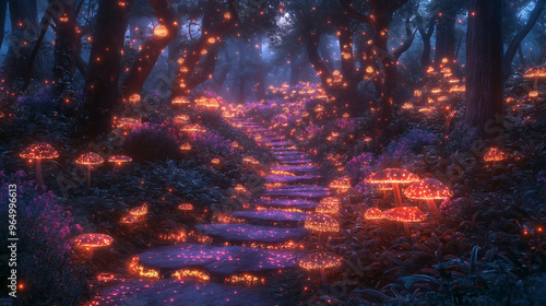 Enchanting Forest with Glowing Fungi and Magical Creatures photo