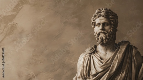 Statue of Asclepius Roman artwork 2nd century AD Sepia banner plain background Space for text close up view Depicting medicine god historical and artistic theme