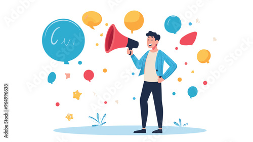 PR manager vector, public relations illustration, communication graphic, media announcement, sales promotion, businessman megaphone, speech bubble, flat style PR, corporate communication, media 