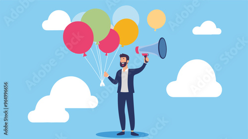 PR manager vector, public relations illustration, communication graphic, media announcement, sales promotion, businessman megaphone, speech bubble, flat style PR, corporate communication, media 