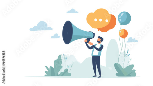 PR manager vector, public relations illustration, communication graphic, media announcement, sales promotion, businessman megaphone, speech bubble, flat style PR, corporate communication, media 