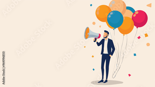 PR manager vector, public relations illustration, communication graphic, media announcement, sales promotion, businessman megaphone, speech bubble, flat style PR, corporate communication, media 