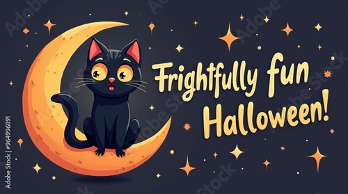 Frightfully Fun Halloween Black Cat on Moon Festive Night Scene Illustration photo