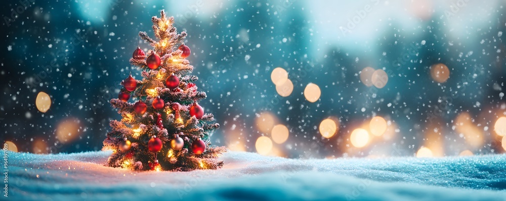 A Decorated Christmas Tree in a Snowy Winter Landscape A Decorated Christmas Tree in a Snowy Winter Landscape