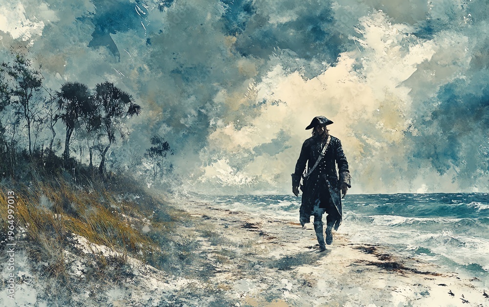 Pirate ghost, wandering a deserted beach, lost in time, Watercolor style Pirate ghost, wandering a deserted beach, lost in time, Watercolor style
