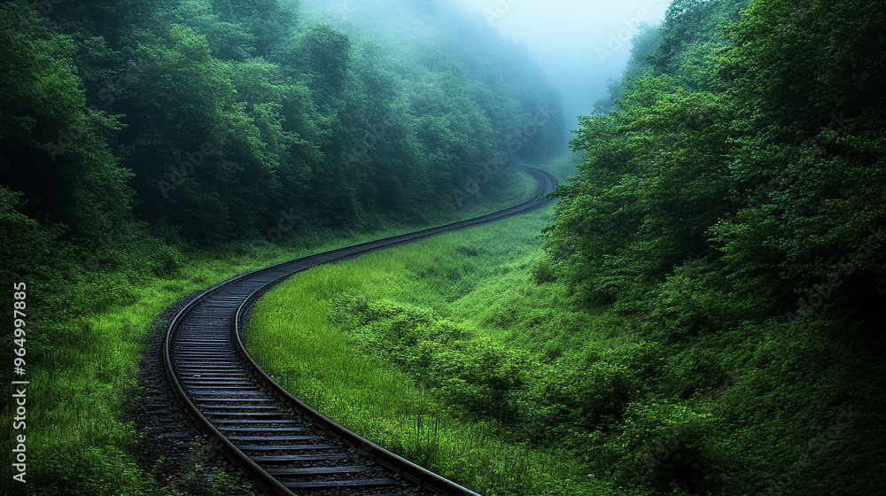 Fototapeta premium railroad track curves gently through vibrant green foliage, creating a tranquil scene that symbolizes journey, hope, and the seamless blend of nature and travel