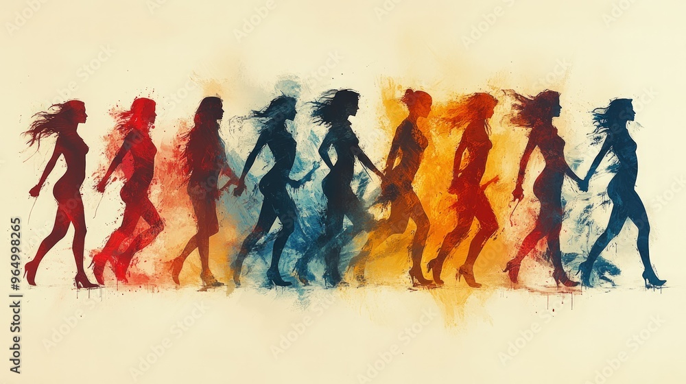 Watercolor silhouettes of nine women walking in a row, each in a different color. Watercolor silhouettes of nine women walking in a row, each in a different color.