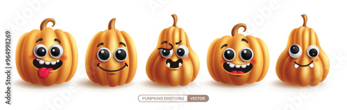 Pumpkins characters set vector design. Halloween pumpkins character with happy, naughty, funny and smiling facial expression in cute size and shape collection. Vector illustration pumpkins cartoon