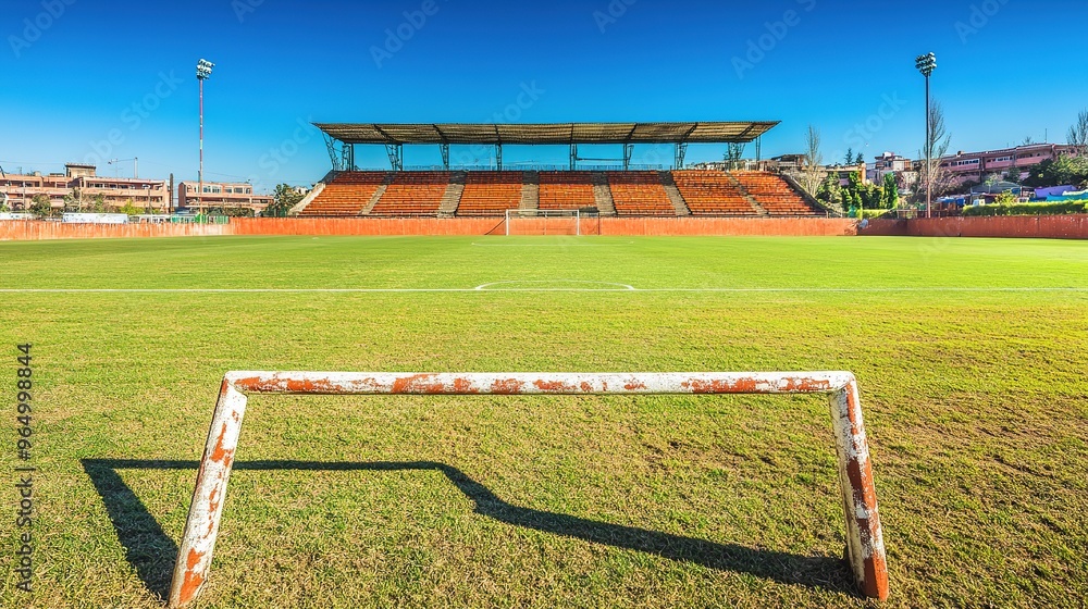 A view of an empty soccer field, showcasing the green pitch and the shadows cast by the stands. A view of an empty soccer field, showcasing the green pitch and the shadows cast by the stands.