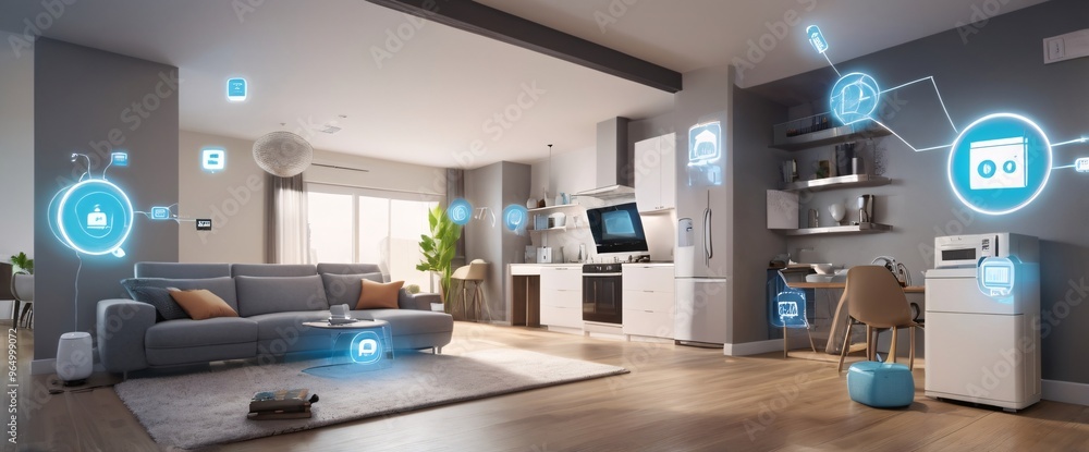 illustrate the concept of the Internet of Things with an image of a smart home, featuring various connected devices and appliances, shot from a low angle with a wide-angle lens illustrate the concept of the Internet of Things with an image of a smart home, featuring various connected devices and appliances, shot from a low angle with a wide-angle lens