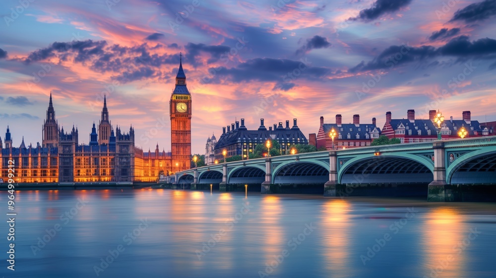 Stunning Photograph of Big Ben and Westminster Bridge at Sunset with Reflections on Thames River