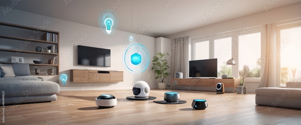illustrate the concept of the Internet of Things with an image of a smart home, featuring various connected devices and appliances, shot from a low angle with a wide-angle lens illustrate the concept of the Internet of Things with an image of a smart home, featuring various connected devices and appliances, shot from a low angle with a wide-angle lens