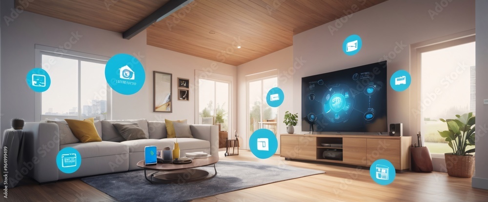illustrate the concept of the Internet of Things with an image of a smart home, featuring various connected devices and appliances, shot from a low angle with a wide-angle lens illustrate the concept of the Internet of Things with an image of a smart home, featuring various connected devices and appliances, shot from a low angle with a wide-angle lens