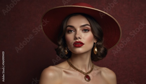 Stylish woman in red hat posing elegantly against a reddish backdrop. photo