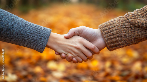 Two people shaking hands in a serene autumn park during the evening, with vibrant fall foliage and a warm sunset. A symbolic gesture of agreement, partnership, and trust in a peaceful setting