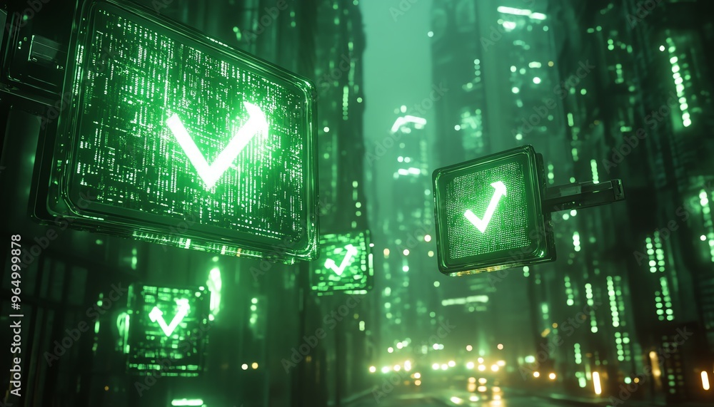 Obraz premium Futuristic green street signs with diverging arrows and YOU DECIDE, representing important decisions in business or life, set against a hightech, abstract background