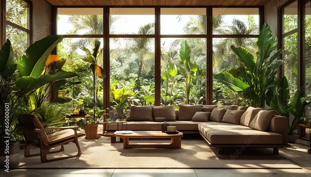 Living Room with Indoor Natural Beauty, Floor-to-Ceiling Windows, and Abundant Greenery Living Room with Indoor Natural Beauty, Floor-to-Ceiling Windows, and Abundant Greenery