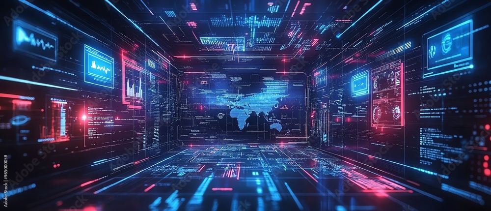 Fototapeta premium Hightech global marketing automation scene, displaying automated workflows, CRM solutions, and digital online processes for business development and efficiency