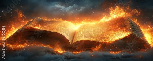 Bible revealed in glowing open scroll parchment, Book of Revelation, symbolic and apocalyptic, prophetic and cosmic, dramatic and transformative