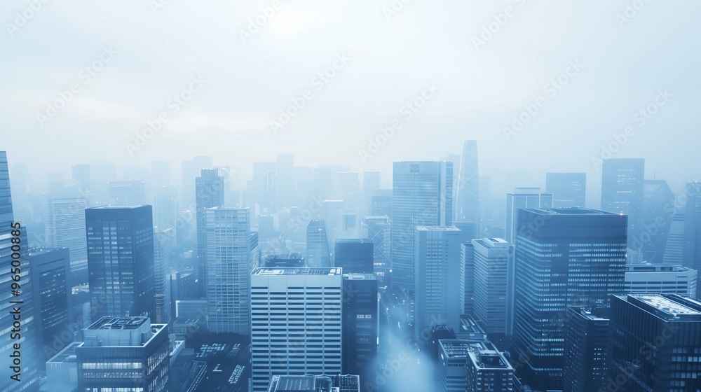 Aerial View of Modern City Skyline in Morning Fog: Urban Architecture and High-Rise Buildings Aerial View of Modern City Skyline in Morning Fog: Urban Architecture and High-Rise Buildings