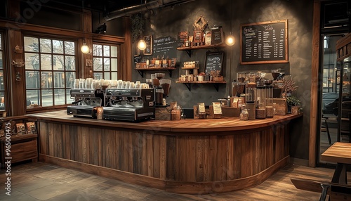 Wallpaper Mural Vintage wooden cafe interior, warm and cozy tones, classic round corner counter, coffee machinery, relaxing and rustic design, inviting ambiance Torontodigital.ca