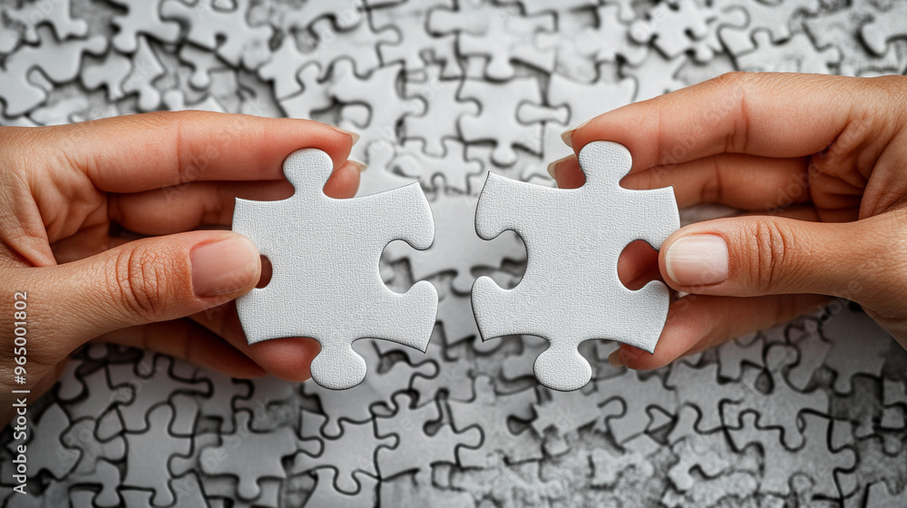 Two hands hold individual jigsaw puzzle pieces, symbolizing teamwork and collaboration in solving complex problems and finding solutions. Two hands hold individual jigsaw puzzle pieces, symbolizing teamwork and collaboration in solving complex problems and finding solutions.