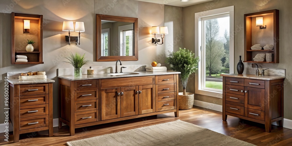 Spacious solid wood bathroom vanity cabinets, adorned with sleek modern hardware, add a touch of warmth to a Spacious solid wood bathroom vanity cabinets, adorned with sleek modern hardware, add a touch of warmth to a