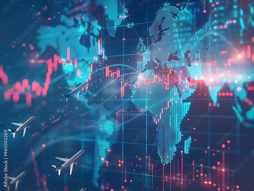 World Business Center: Digital World Map with Flight Paths and Stock Market Graph. Global Travel and Business Concepts. World Business Center: Digital World Map with Flight Paths and Stock Market Graph. Global Travel and Business Concepts.