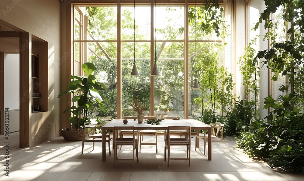 Obraz premium Dining Room with Indoor Natural Beauty, Wooden Furniture, and Large Green Plants