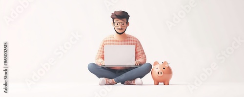 Male figure Qadir in 3D illustration, sitting with laptop notebook on piggy bank, white background, isolated setting, 3D people collection, funds management concept photo