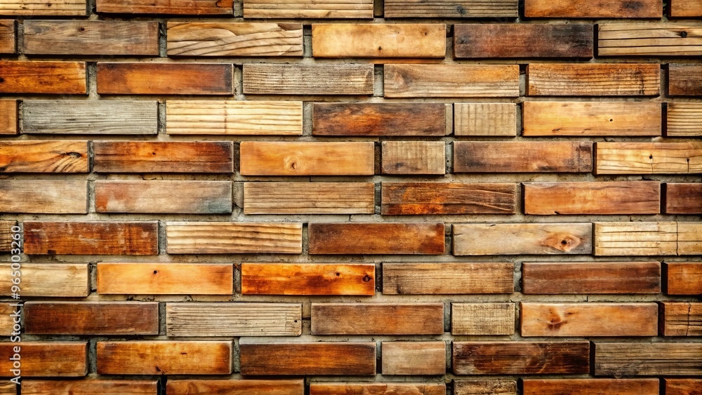Close-up of weathered and patterned wooden brick wall Close-up of weathered and patterned wooden brick wall