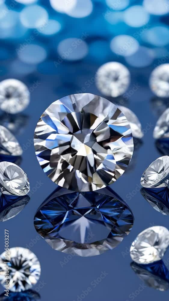 collection of sparkling diamonds arranged on a reflective surface. The diamonds are in various shapes and sizes, with the central diamond prominently featured in the foreground collection of sparkling diamonds arranged on a reflective surface. The diamonds are in various shapes and sizes, with the central diamond prominently featured in the foreground