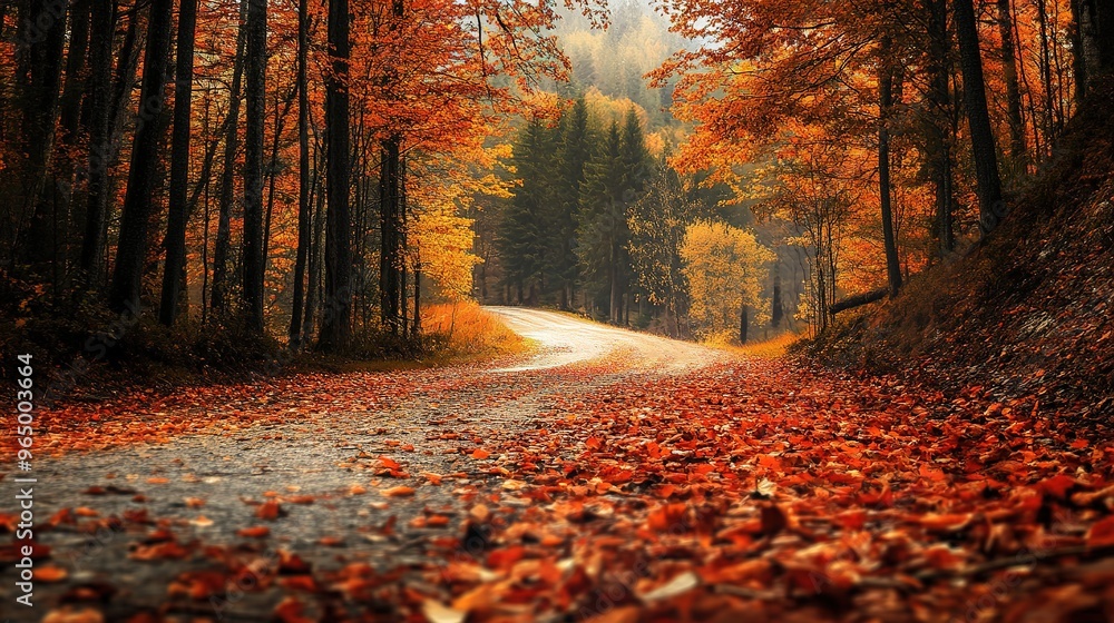 Obraz premium Autumn scene featuring colorful leaves on a road winding through a forest, with majestic mountains in the background. This image captures the essence of fall with vibrant foliage
