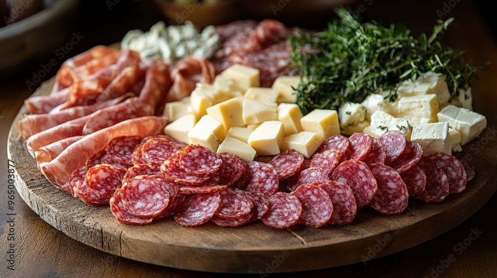 A platter of assorted cured meats and cheeses with fresh herbs, perfect for entertaining guests. A platter of assorted cured meats and cheeses with fresh herbs, perfect for entertaining guests.