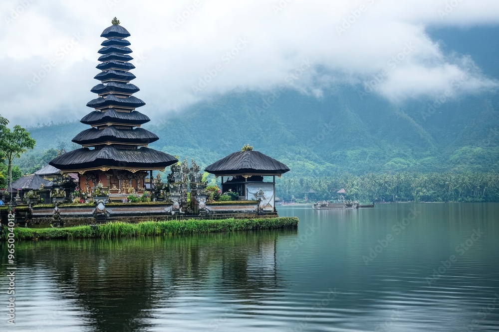Ulun Danu Beratan temple at the edge of Lake Bratan, Bali, Indonesia , ai Ulun Danu Beratan temple at the edge of Lake Bratan, Bali, Indonesia , ai