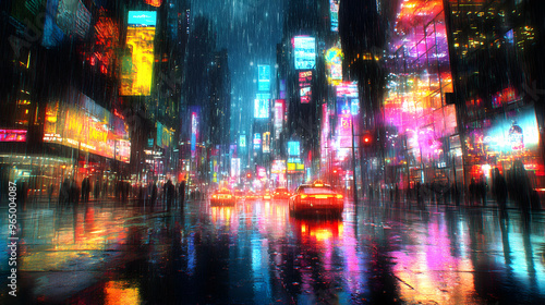 A city street where the rain falls upward, with glowing droplets rising into the sky, reflecting the neon lights of the buildings around them