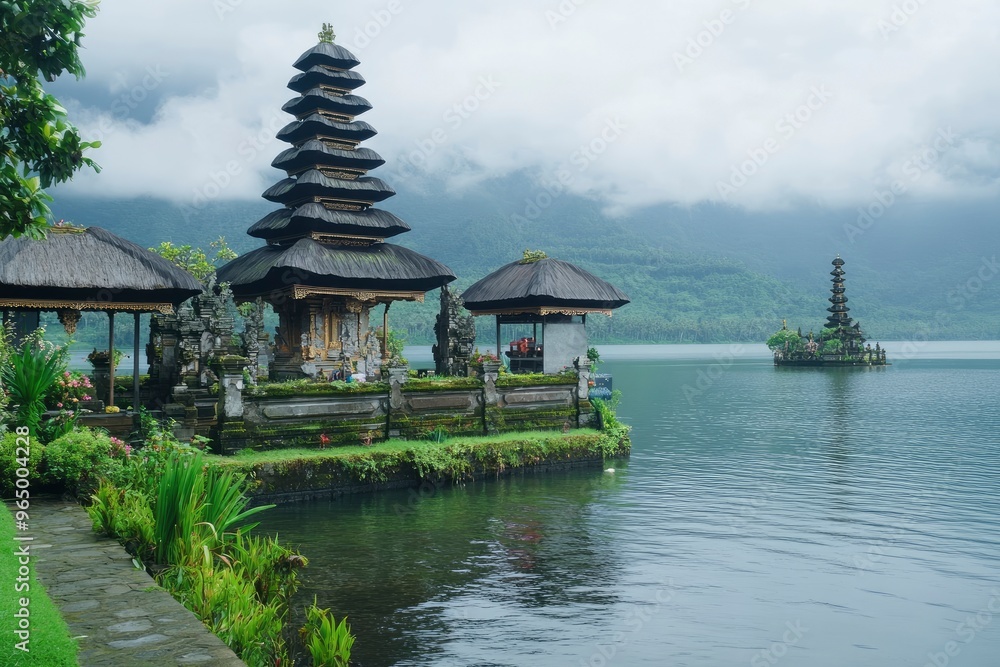 Ulun Danu Beratan temple at the edge of Lake Bratan, Bali, Indonesia , ai Ulun Danu Beratan temple at the edge of Lake Bratan, Bali, Indonesia , ai