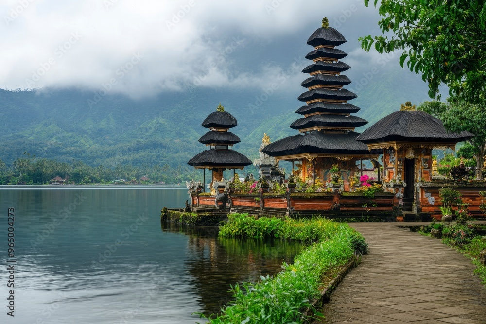 Ulun Danu Beratan temple at the edge of Lake Bratan, Bali, Indonesia , ai Ulun Danu Beratan temple at the edge of Lake Bratan, Bali, Indonesia , ai