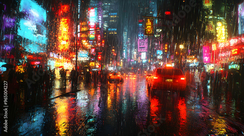 A city street where the rain falls upward, with glowing droplets rising into the sky, reflecting the neon lights of the buildings around them