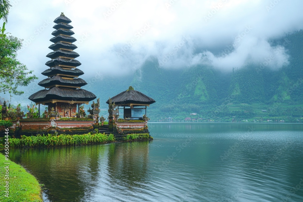 Ulun Danu Beratan temple at the edge of Lake Bratan, Bali, Indonesia , ai Ulun Danu Beratan temple at the edge of Lake Bratan, Bali, Indonesia , ai