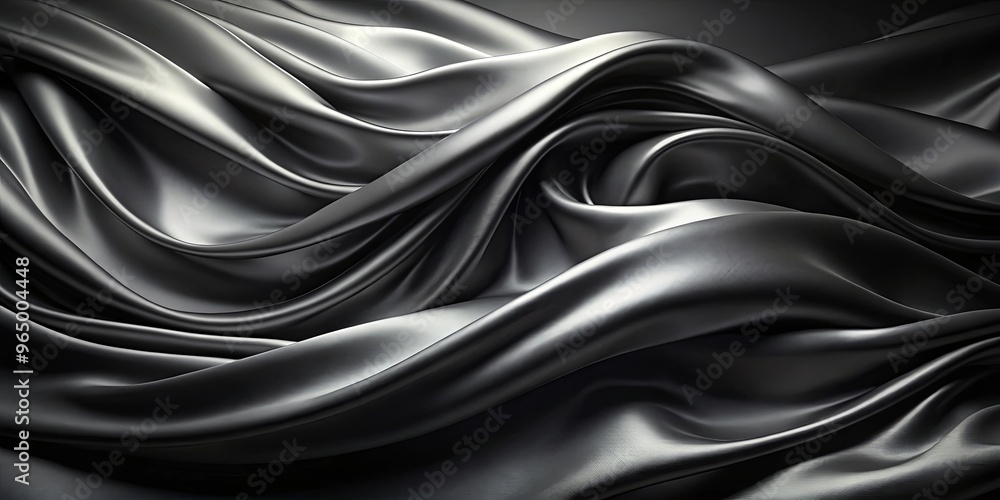 Luxurious black satin fabric with silk texture flowing in elegant waves on abstract background