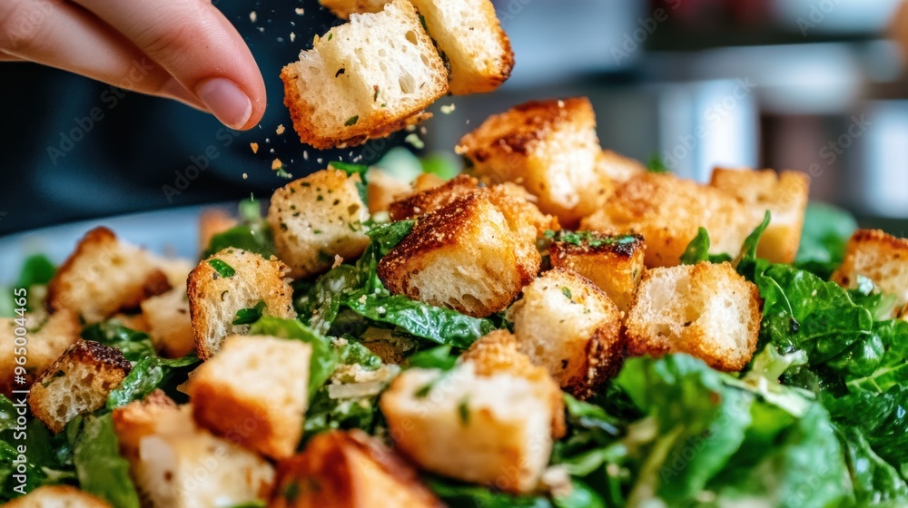 Close-up of gluten-free sourdough croutons being sprinkled over a Caesar salad with vibrant green lettuce, creating a contrast of textures. Close-up of gluten-free sourdough croutons being sprinkled over a Caesar salad with vibrant green lettuce, creating a contrast of textures.